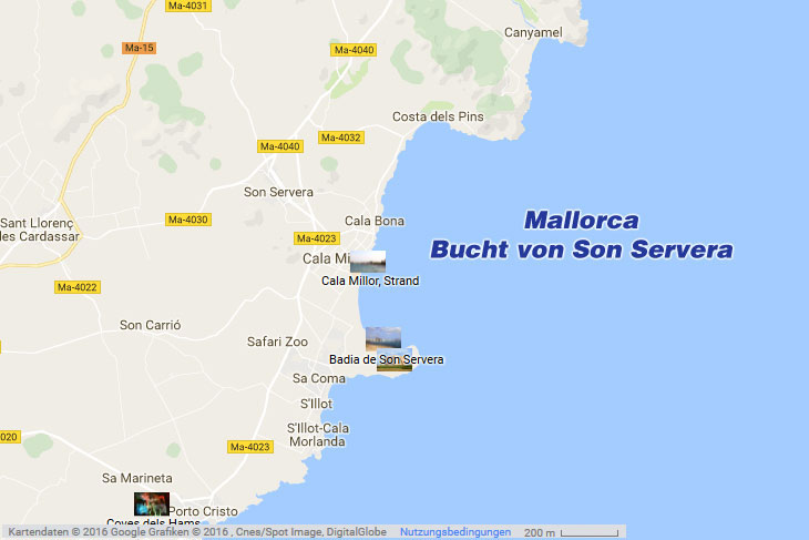Die Bucht von Son Servera im Osten Mallorcas auf der Karte
