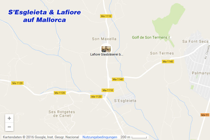 Die Lafiore-Glasbläserei und S'Esgleieta auf der Karte von Mallorca
